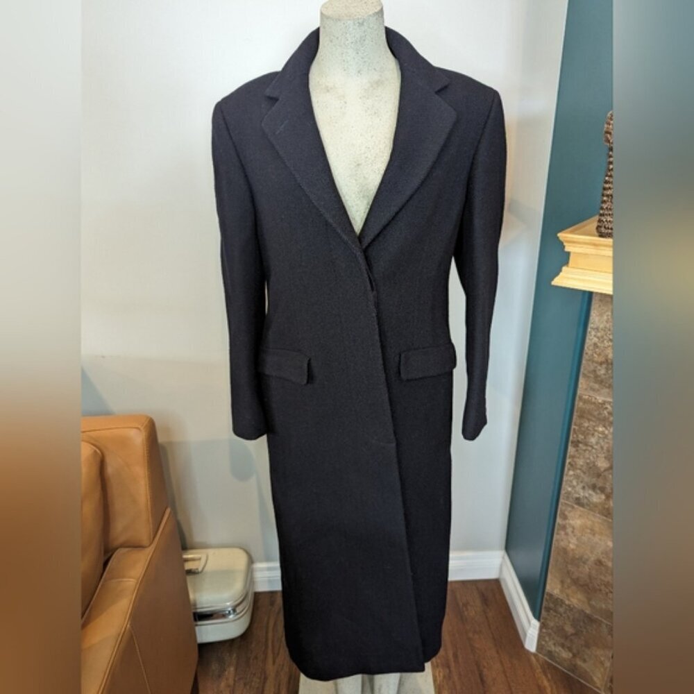 Harry Rosen Crombie Scotland pure virgin wool trench coat black/blue weave Sz M - Picture 3 of 16